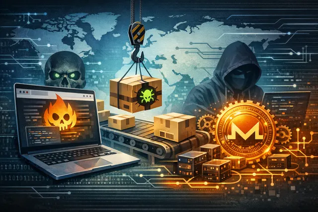 Digital illustration of a browser window with a hidden crypto mining symbol, representing a supply chain attack.