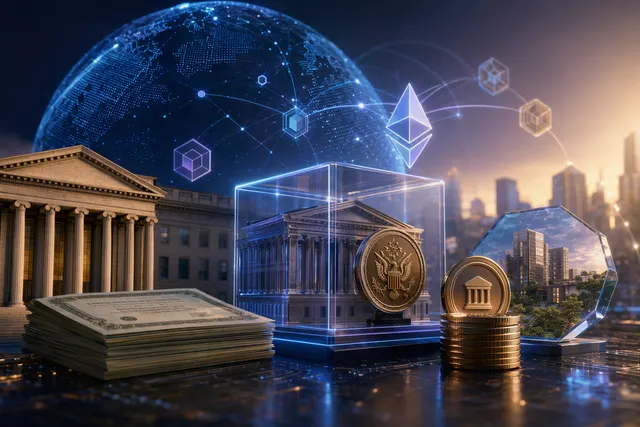 Conceptual illustration of tokenized real-world assets moving across multiple blockchains such as Ethereum and Solana