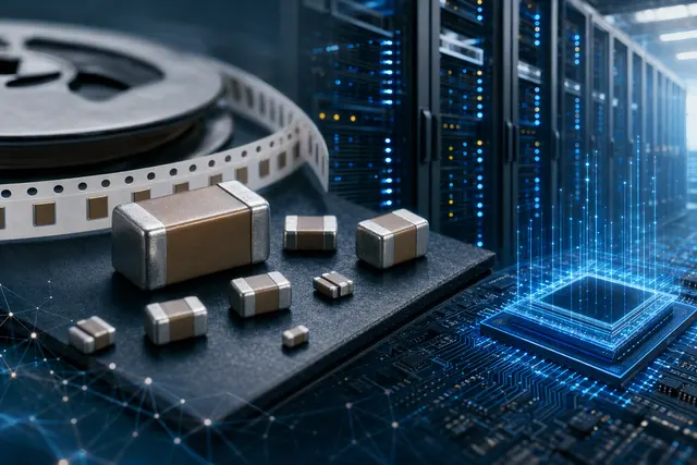 AI-generated editorial illustration about MLCC supply and AI-server demand