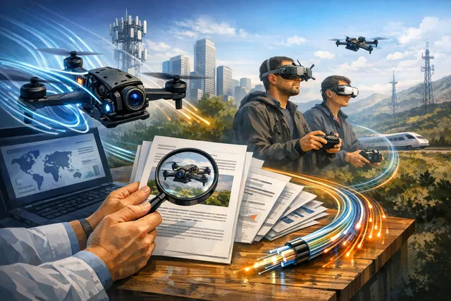 Editorial illustration of a fiber-optic FPV drone in flight over a battlefield, with a thin cable tether visible
