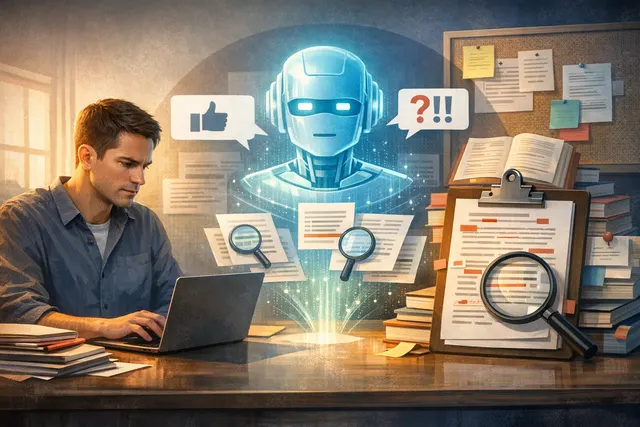 A person interacting with ChatGPT, with a speech bubble highlighting critical feedback and analysis icons.