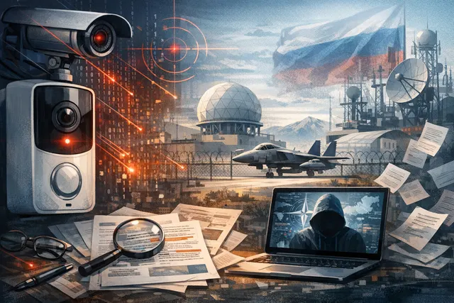 Digital illustration showing a civilian doorbell camera being remotely accessed by a hacker silhouette, with a map of NATO bases in the background, representing Russian cyber-espio