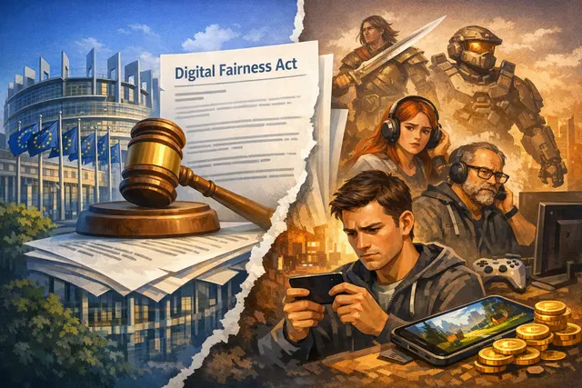 Conceptual illustration of the EU flag and a mobile game interface colliding, symbolizing the regulatory battle between the Digital Fairness Act and the European mobile gaming indu