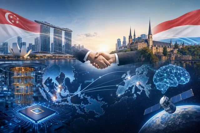 Editorial illustration representing Singapore–Luxembourg cooperation in quantum technology, AI and space