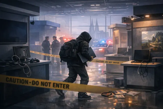 Editorial illustration of stolen gaming laptops and equipment at a Gamescom booth