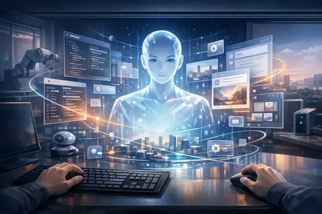 Illustration of Doubao operating a desktop computer as an AI agent