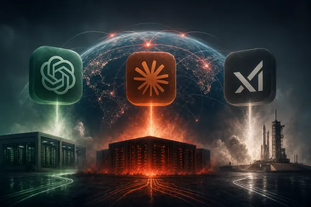 Editorial illustration representing overlapping outages at major AI services