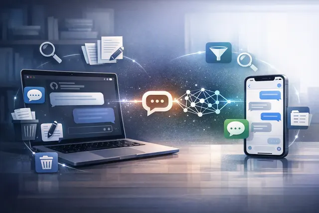 ChatGPT Apple Messages plugin interface concept showing AI-assisted message search and drafting on a Mac
