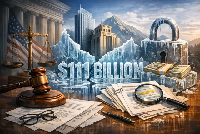 Illustration of a courtroom gavel and scales of justice in front of media and entertainment logos, representing the antitrust lawsuit blocking the Paramount-Warner Bros. merger.