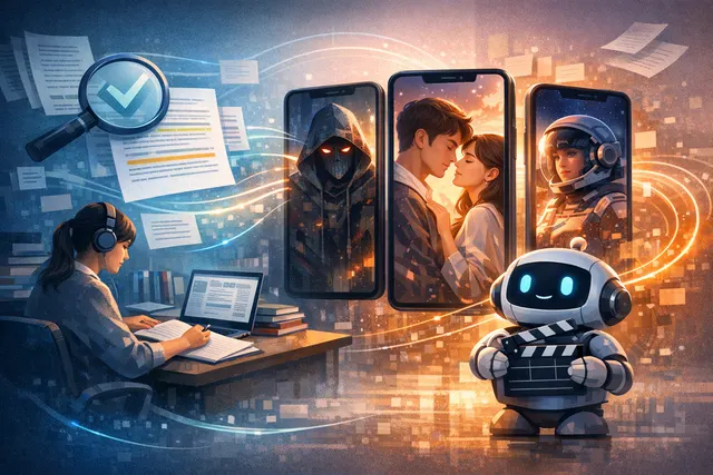 A futuristic media interface blending vertical video clips with AI chatbot conversation panels, representing Character.AI's c.ai Series microdrama format.