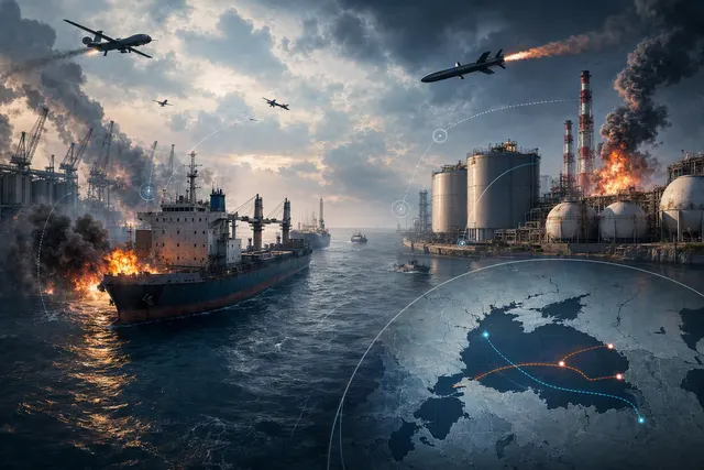 Editorial illustration of Black Sea commercial shipping and energy infrastructure affected by the Russia–Ukraine war