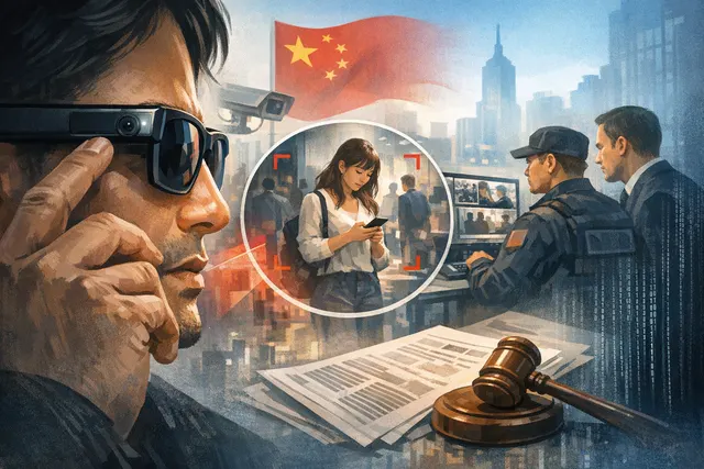 Editorial image of AI-equipped smart glasses with a privacy warning symbol