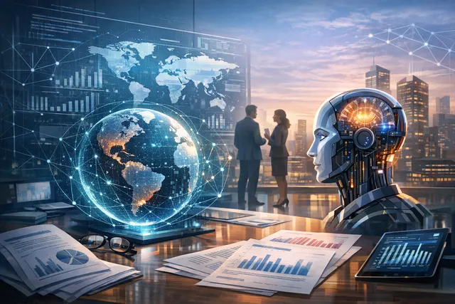Abstract visualization of interconnected AI systems and data nodes representing enterprise dependency on artificial intelligence vendors