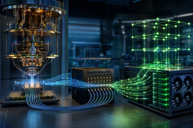 Illustration of a quantum-classical computing system connecting qubits with GPU and CPU resources