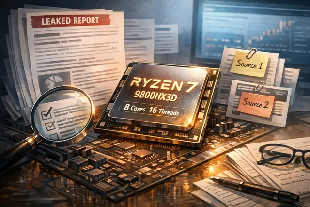 Concept render of the leaked AMD Ryzen 7 9800HX3D mobile processor with 3D V-Cache technology, showing chip architecture and cache layers.