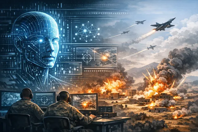 Visual representation of AI-assisted military targeting systems with data overlay on a strategic operations map.