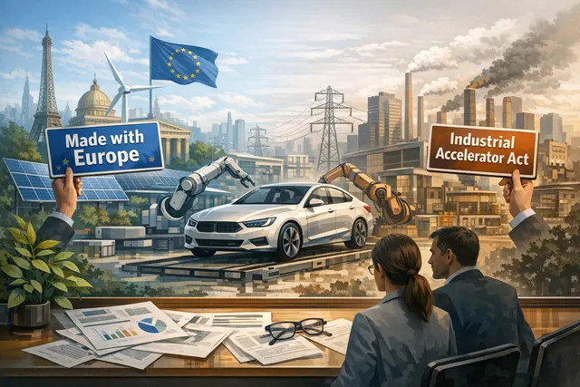 Abstract illustration of a European Union flag with a battery icon and an electric vehicle silhouette, representing the debate over local content rules for EV batteries.
