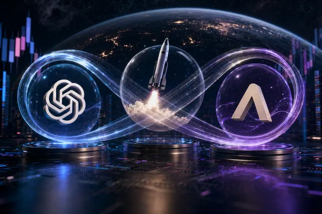 Editorial illustration of crypto derivatives screens representing synthetic exposure to private companies such as OpenAI, SpaceX and Anthropic