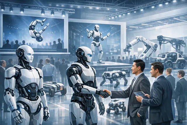 Humanoid robots demonstrating practical industrial tasks at a robotics conference in China