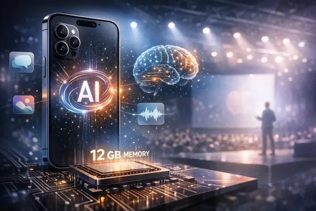 iOS 27 AI features overview showcasing iPhone 17 Pro with Siri AI interface, locked memory requirement, and Extension icons