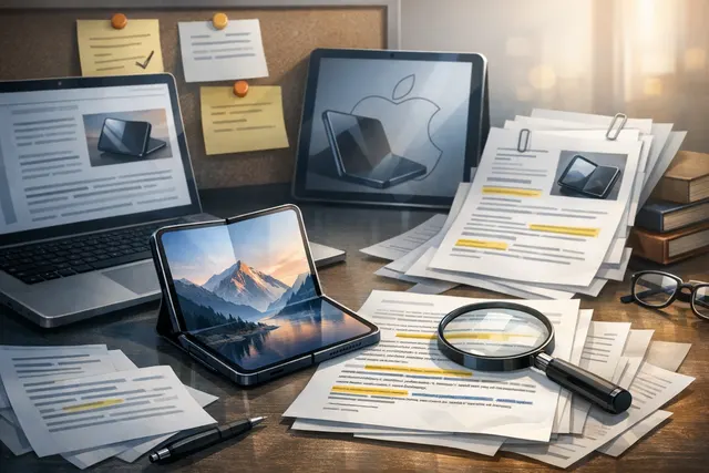 Conceptual render of Apple's first foldable iPhone displayed on a sleek futuristic table, representing the 2026 foldable iPhone Ultra or iPhone Fold.