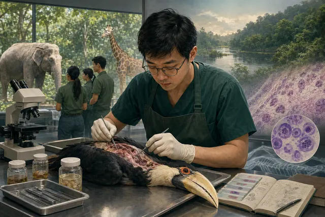 AI-generated editorial illustration representing veterinary post-mortem work