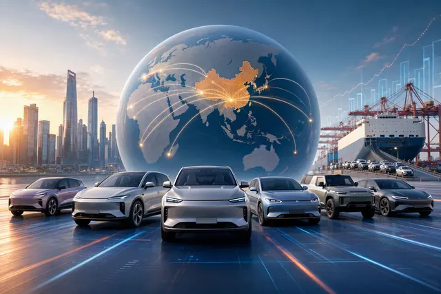 Editorial illustration of Chinese electric vehicles and global automotive exports