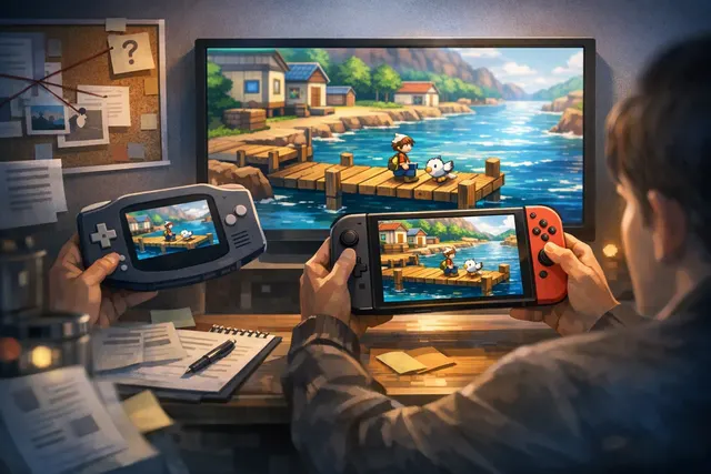 Editorial illustration of Pokémon Ruby and Sapphire rumors and Nintendo Switch speculation