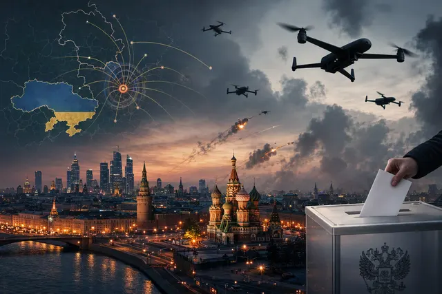 Illustration of drones flying over Moscow at night