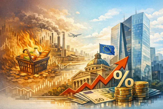 Editorial illustration of ECB rate hike expectations, energy inflation and euro-dollar market movements