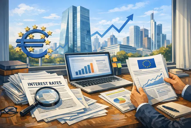 ECB headquarters in Frankfurt with a stylized representation of interest rate charts and oil prices, illustrating the July 2026 rate decision.