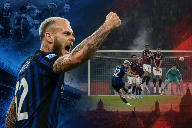 Federico Dimarco scoring a free kick for Inter Milan against Bologna in the final Serie A match of the 2025/26 season