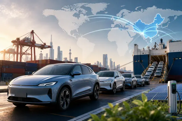 Illustration of Chinese electric vehicles being exported from a shipping port
