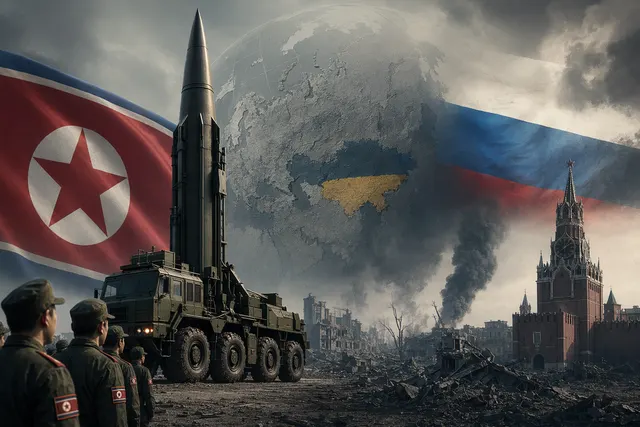 Editorial image of a North Korean missile silhouette against a Ukraine war backdrop