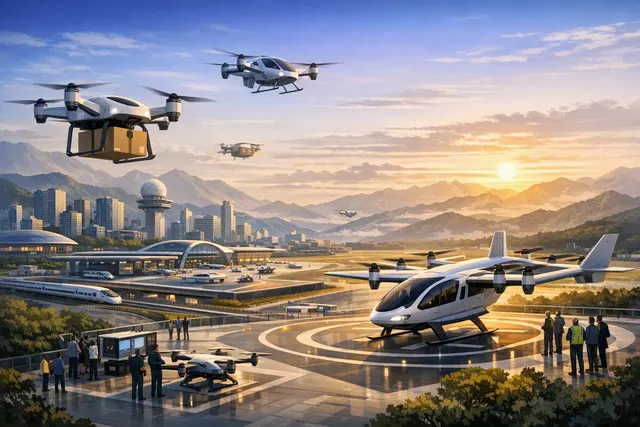Futuristic eVTOL aircraft and drones representing China’s expanding low-altitude economy