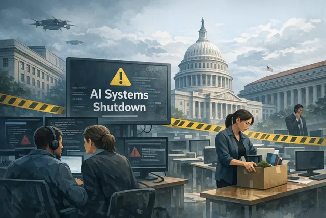 A conceptual illustration of a switch being pulled on a glowing AI model interface, representing the US government shutdown of Anthropic's Claude Fable 5 and Mythos 5.