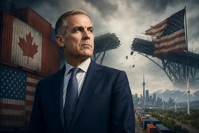 Editorial illustration of the U.S.–Canada trade dispute involving Canadian Prime Minister Mark Carney