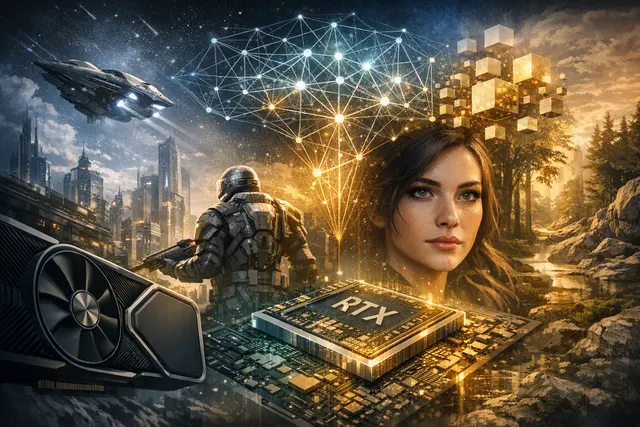 AI-generated illustration representing NVIDIA DLSS 5 neural rendering transforming video game lighting, materials and character detail