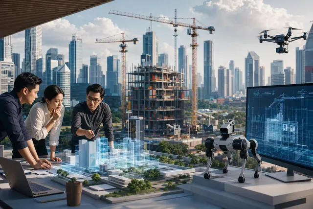 Illustration of an AI-enabled construction robot working at a building site