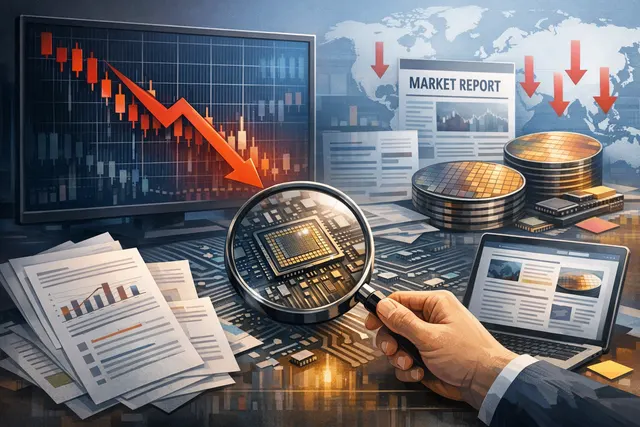 Abstract illustration of a stock market crash with a downward-trending chart line over a cityscape, representing the July 1-2, 2026 global semiconductor selloff.