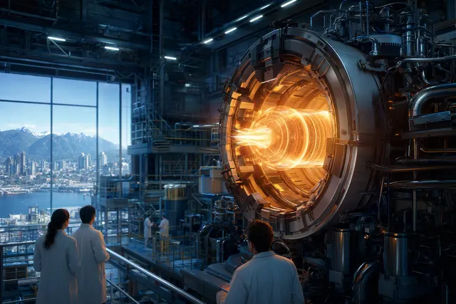 AI-generated conceptual illustration accompanying an article about General Fusion’s LM26 plasma-temperature milestone; not a photograph of the machine.