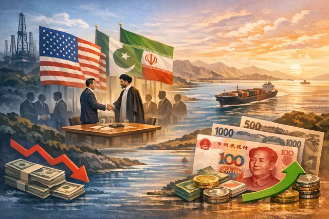 Artistic visualization of a peace agreement document transforming into upward-trending market charts, with oil barrels and currency symbols connecting to Asian market towers