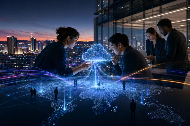 Abstract illustration of engineers connecting enterprise AI agents, cloud platforms, and business workflows