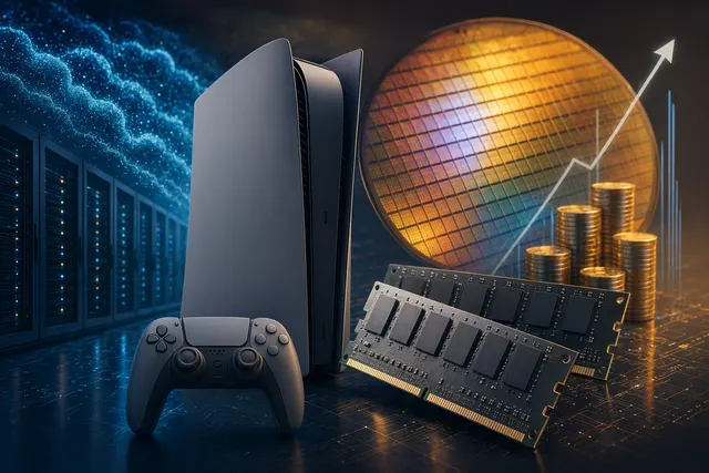 Editorial illustration of a next-generation game console concept with memory chips, representing PS6 RAM cost rumors