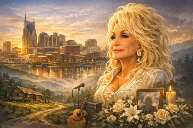 Illustration of Dolly Parton performing in a rhinestone outfit against a Tennessee mountain landscape
