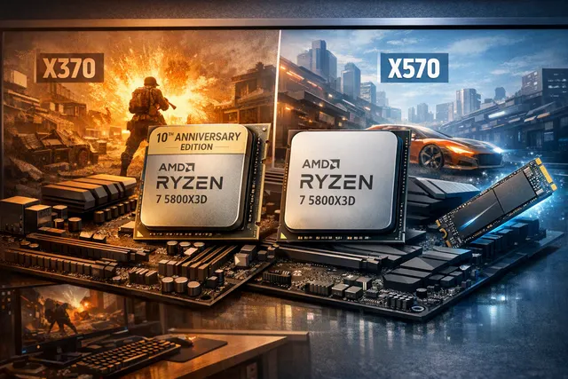 Editorial illustration of an AMD Ryzen 7 5800X3D processor comparing older X370 and newer X570 gaming platforms