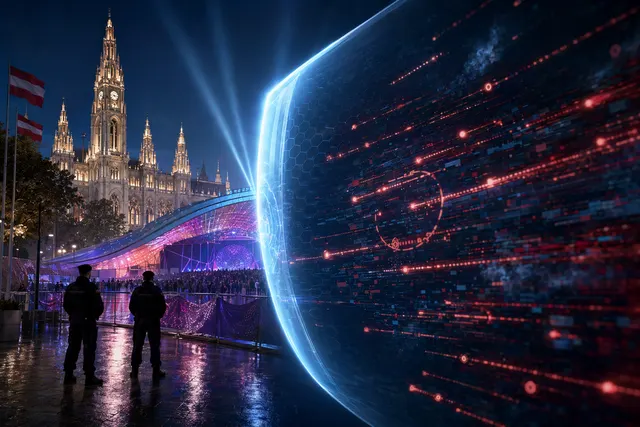 Illustration of cyberattacks targeting Eurovision infrastructure in Vienna during the 2026 contest