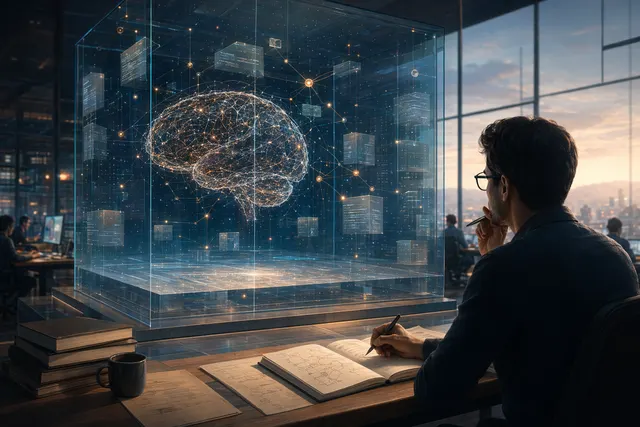 Abstract editorial illustration of Claude Opus 4.7 handling long-horizon AI agent workflows