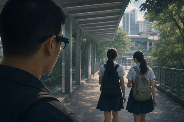 AI-generated editorial illustration accompanying a report about a smart-glasses video near Marymount MRT station