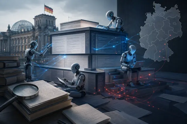 Editorial illustration of autonomous AI agents coordinating through an online wiki
